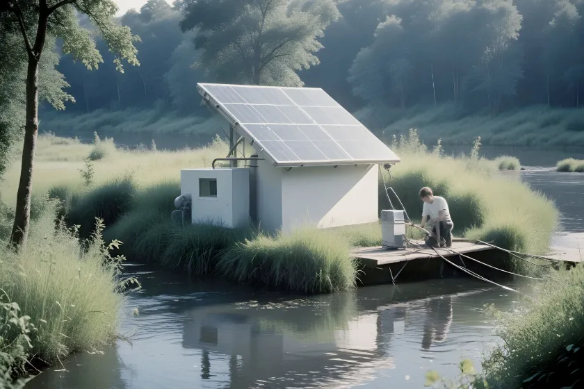 Imagen 3 del artículo sobre las ventajas de los sistemas de bombeo de agua basados en la energía solar Imagen de un hombre un sistema de bombeo con placas solares situado a orillas de un río que sirve para ilustrar el artículo sobre las ventajas de los sistemas de bombeo de agua basados en la energía solar.